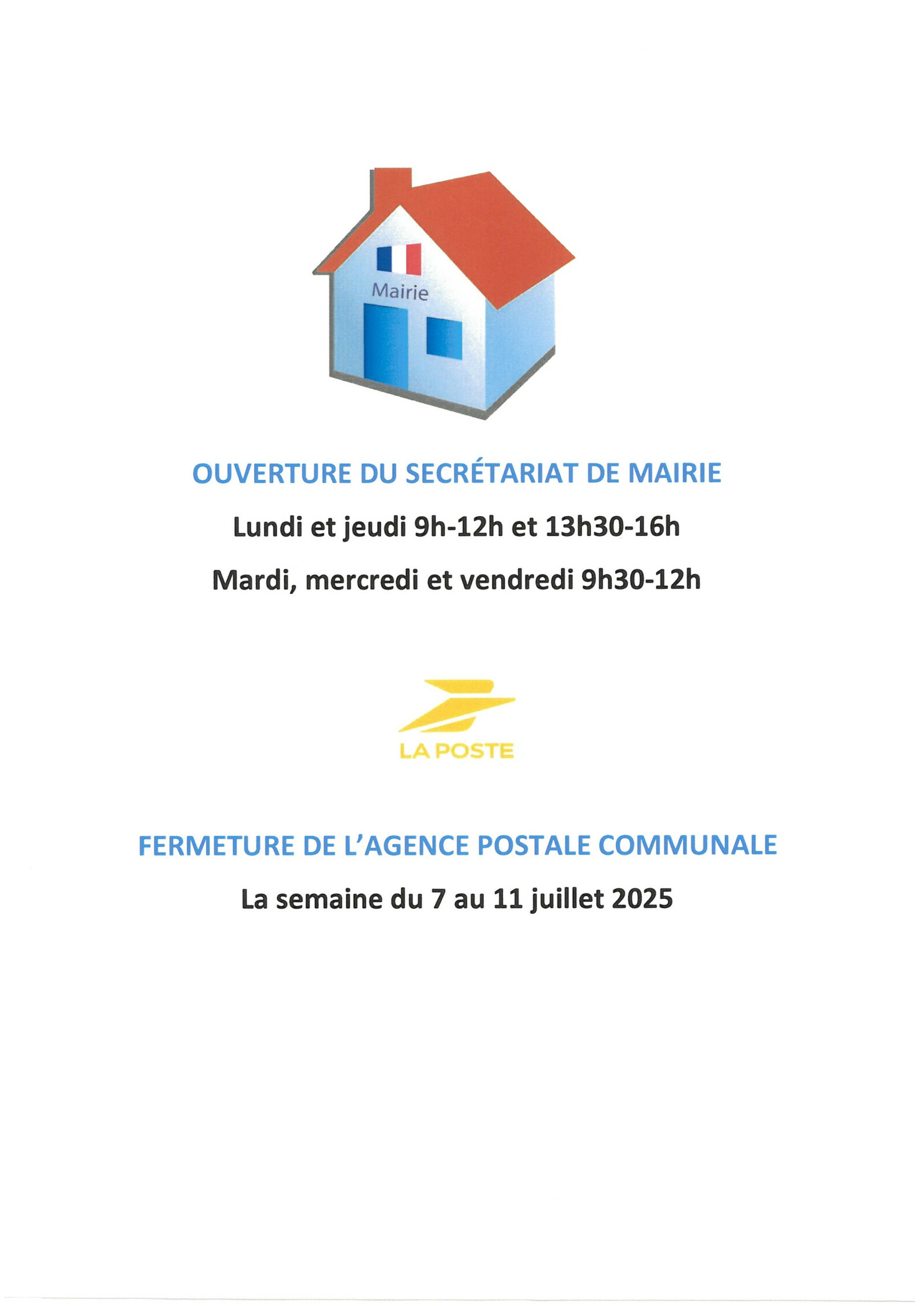 Modification des horaires d'ouverture du secrétariat de mairie
